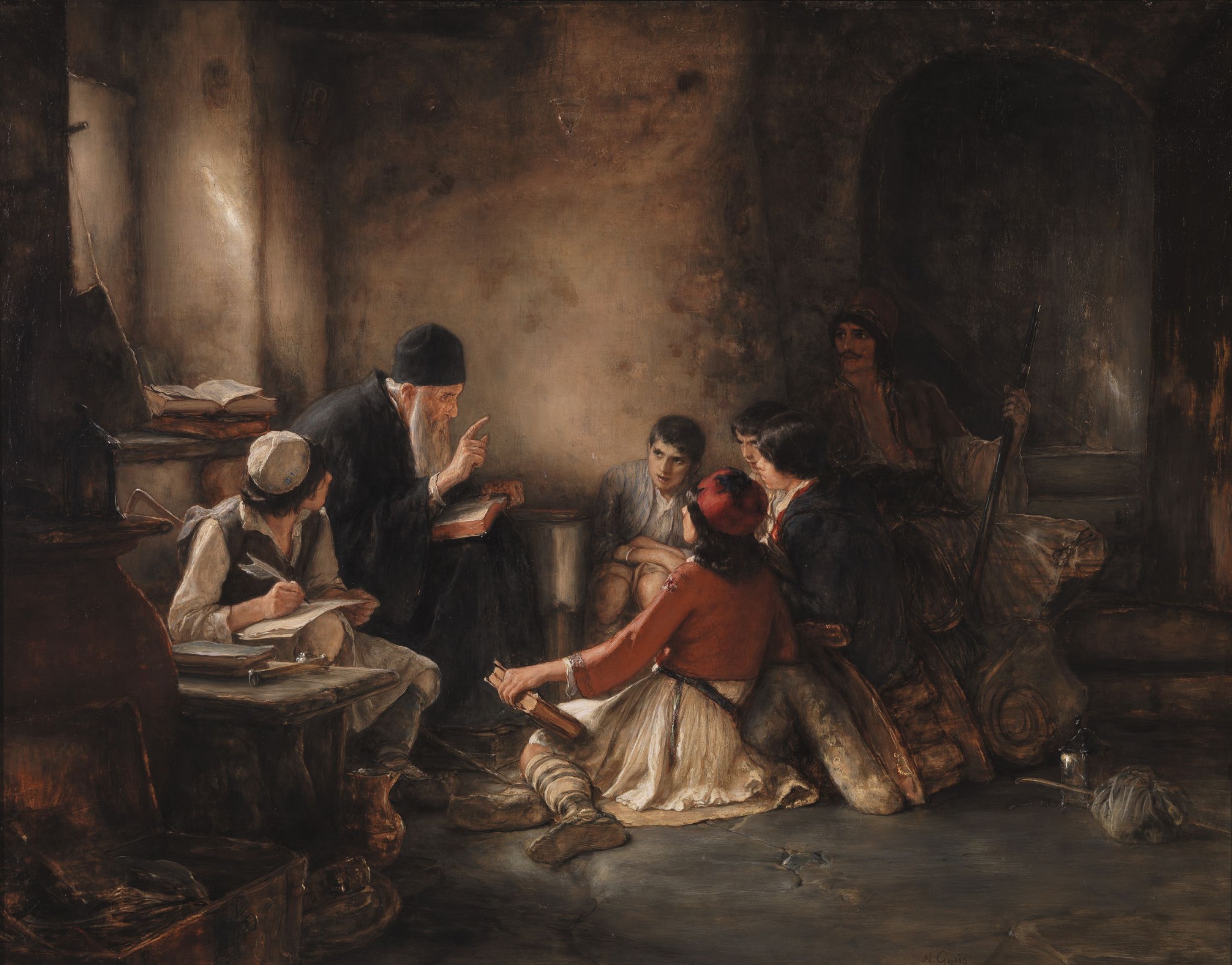 Nikolaos Gyzis painting depicting a teacher instructing children in a dimly lit Greek school